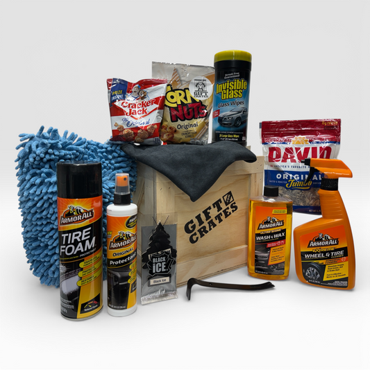 Car Wash Gift Crate, everything you need for washing your car, Armor All, Wash, Protectant, Glass Wipes, Wash Mitt, and snacks.