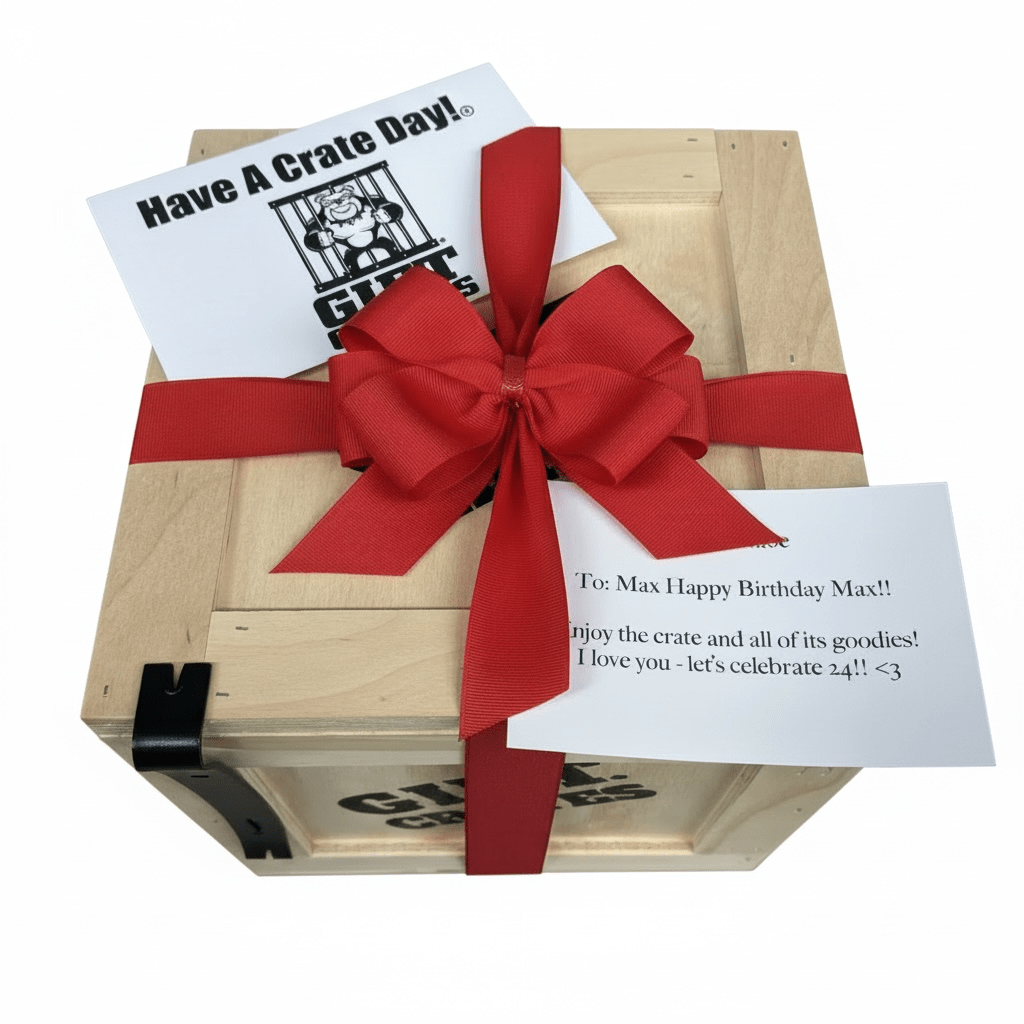 Gift Crate with red ribbon, ready to ship.