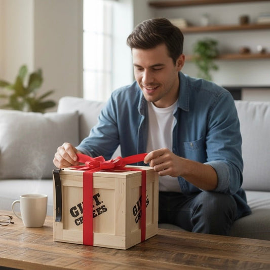 Man opening a gift crate with a ribbon around it.