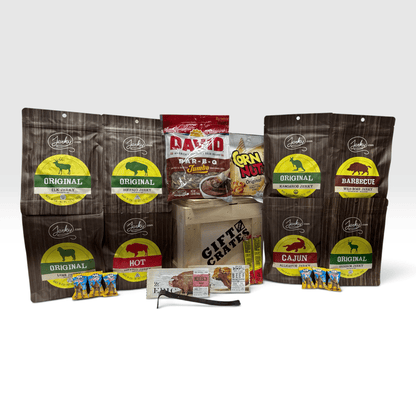 Exotic Meats Jerky Crate: The Ultimate Exotic Meat Lover Experience, including Buffalo, Elk, Lamb, Kangaroo, Wild Boar, Alligator, Venison, and more: Free Shipping! - Gift Crates